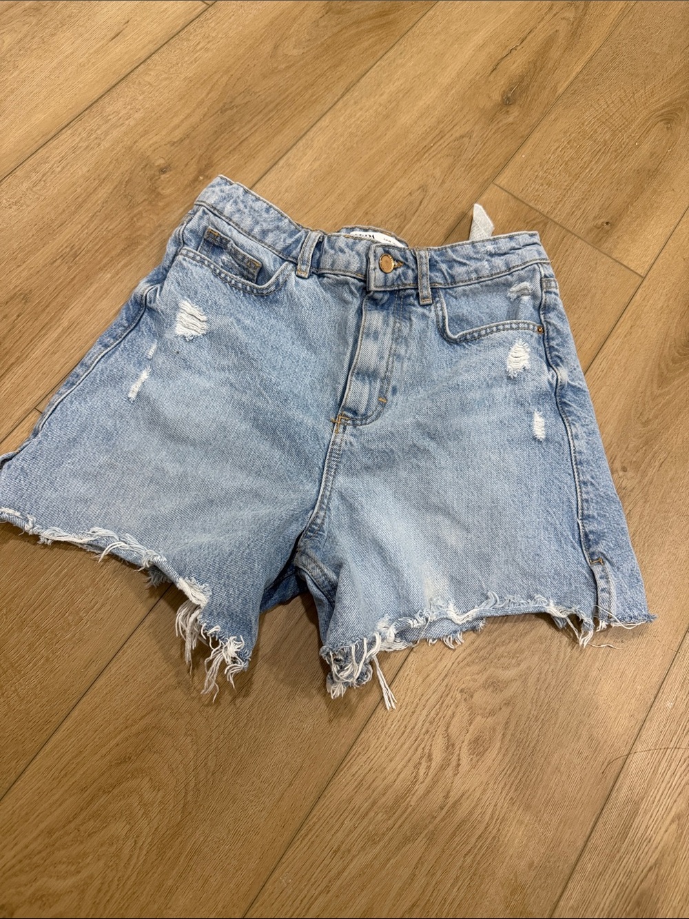 Zara Light Blue Distressed High-Rise Denim Shorts
